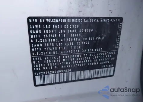 2019 Volkswagen Tiguan 2.0T Se/2.0T Sel/2.0T Sel R-Line/2.0T Sel R-Line Black из США, поврежденный, VIN 3VV2B7AX0KM092820